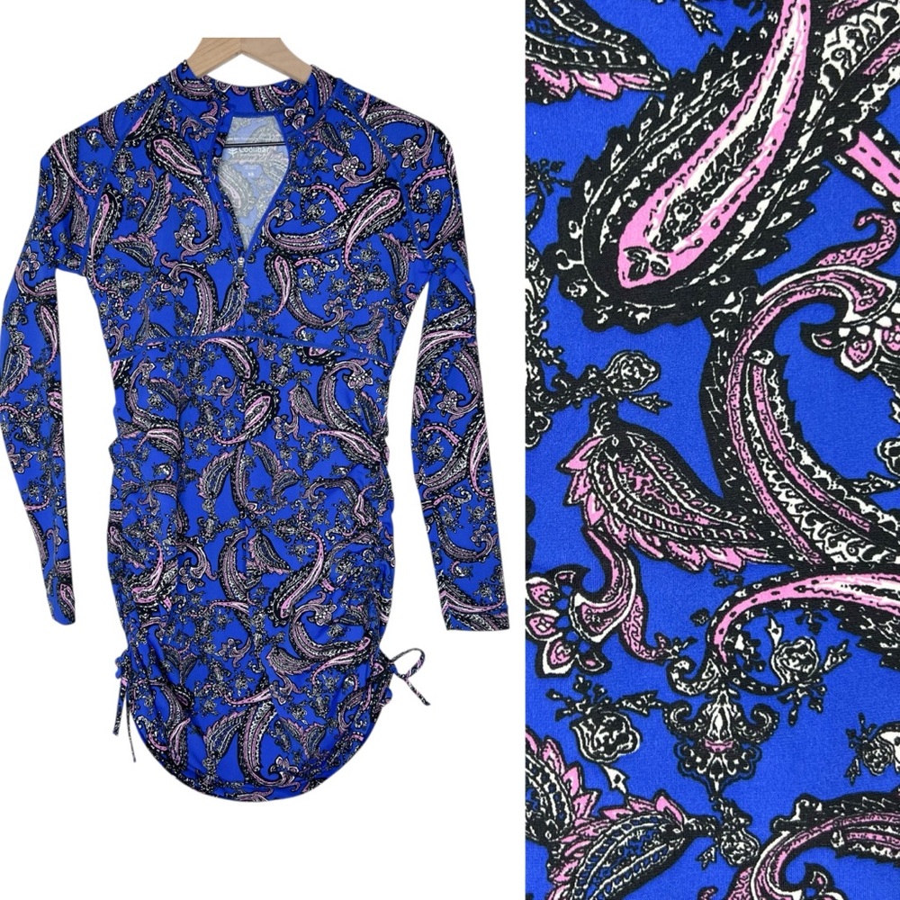 Coolibar Lawai Ruche Long Sleeve Swim Shirt Blue Paisley 1/4 Zip UPF 50 size XS